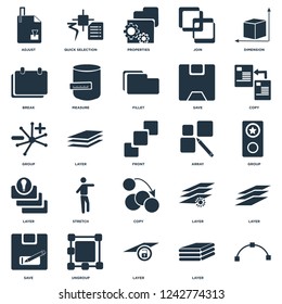 Elements Such As, Layer, Ungroup, Save, Copy, Array, Break, Properties, Quick selection icon vector illustration on white background. Universal 25 icons set.