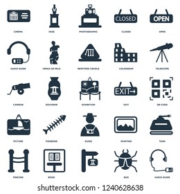 Elements Such As Audio guide, Bug, , Book, Fencing, Telescope, Exit, Guide, Picture, Photographic, Vase icon vector illustration on white background. Universal 25 icons set.