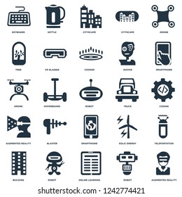 Elements Such As Augmented reality, Coding, Smartphone, Kettle, Building, Vr glasses, Eolic energy, Drone icon vector illustration on white background. Universal 25 icons set.