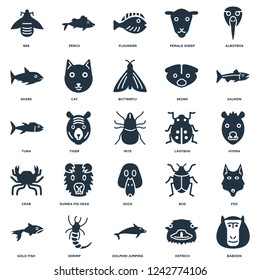 Elements Such As Baboon, Ostrich, Dolphin Jumping, Shrimp, Gold Fish, Salmon, Ladybug, Duck, Crab, Shark, Flounder, Perch icon vector illustration on white background. Universal 25 icons set.