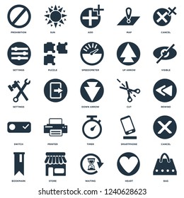 Elements Such As Bag, Heart, Waiting, Store, Bookmark, Visible, Cut, Timer, Switch, Settings, Add, Sun icon vector illustration on white background. Universal 25 icons set.
