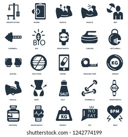 Elements Such As Beat, Fat, Weight, Smartwatch, Proteins, Kettlebell, Measure tape, Salt, Muscle, Dumbbell, Phone icon vector illustration on white background. Universal 25 icons set.