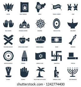 Elements Such As Big Menorah, Shehnai, Religion, Holy Quran, Cobra, Mosque Domes, Swastica, Reading Quran icon vector illustration on white background. Universal 25 icons set.
