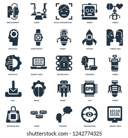 Elements Such As Binary code, Robot, Turing test, Chess, Shopping bag, Wristwatch, Cpu, Artificial intelligence icon vector illustration on white background. Universal 25 icons set.