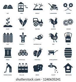 Elements Such As Bird house, Faucet, Bread, Milk jar, Farmer hoeing, Orange, Hen, Vegetable, Wheat, Plant, Sprout, Well icon vector illustration on white background. Universal 25 icons set.