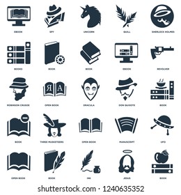 Elements Such As Book, Jesus, Ink, Open book, Revolver, Don quixote, Books, Unicorn, Spy icon vector illustration on white background. Universal 25 icons set.