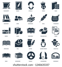 Elements Such As Bookshelf, Paper, Typewriter, Ebook, Book, Eugene onegin, Books icon vector illustration on white background. Universal 25 icons set.