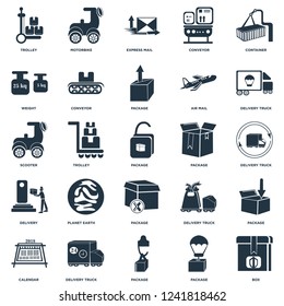 Elements Such As Box, Delivery truck, Motorbike, Calendar, Conveyor, Scooter icon vector illustration on white background. Universal 25 icons set.