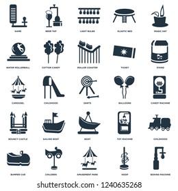 Elements Such As Boxing machine, Candy Stand, Beer tap, Bumper car, Cotton candy, Toy Carousel icon vector illustration on white background. Universal 25 icons set.