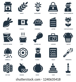 Elements Such As Candle, Cake, Onion, Orange, Hot dog, Chrysanthemum, Luggage, Pilgrim, Umbrella, Beet, Sunflower, Wheat icon vector illustration on white background. Universal 25 icons set.