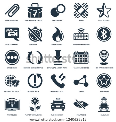 Elements Such As Car Wash, Big Map Placeholder, , Suitcase with Check, Tv Wireless Connection, Timer Off, Share, Circle Menu icon vector illustration on white background. Universal 25 icons set.