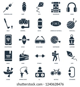 Elements Such As Carabiner, Bicycle, DJ, Jumping rope, Canoe, Yarn ball, Dartboard, Fitness, Book, Golf, Kite, Surf icon vector illustration on white background. Universal 25 icons set.