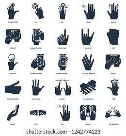 Elements Such As Celebrate, Tablet, Tap, Fist, Hand, Vulcan salute, Swipe, Thumb down, Tap icon vector illustration on white background. Universal 25 icons set.