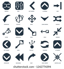 Elements Such As Center align, Minimize, Shuffle, Sort, Download, Multiply, Transfer, Divide icon vector illustration on white background. Universal 25 icons set.