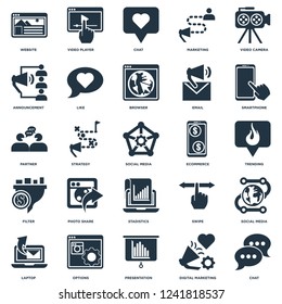 Elements Such As Chat, Trending, Smartphone, Video player, Laptop, Like, Swipe, Partner icon vector illustration on white background. Universal 25 icons set.