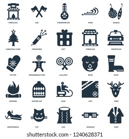 Elements Such As Coat, Goggles, Log, Cat, Snowmobile, Snowplow, Bear, Sled, Bonfire, Christmas card, Thermometer, Axe icon vector illustration on white background. Universal 25 icons set.