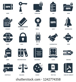 Elements Such As Code of conduct, GDPR, Notification, Key, Portfolio, Eraser, Clock, GDPR icon vector illustration on white background. Universal 25 icons set. svg