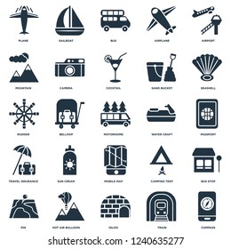 Elements Such As Compass, Passport, Seashell, Sailboat, Pin, Camera, Camping tent, Rudder icon vector illustration on white background. Universal 25 icons set.