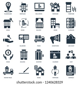 Elements Such As Contract, Mortgage, House, , Moving truck, Clipboard, Advertising, Elevator, Real estate, Mortgage icon vector illustration on white background. Universal 25 icons set.