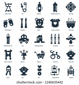 Elements Such As Cradle, Ultrasound, Pin, Cry, Keys, Bathtub, Crayons, Baby clothes, Footprints, Feeder, Pin icon vector illustration on white background. Universal 25 icons set.