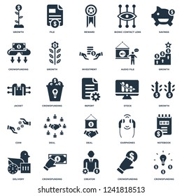 Elements Such As Crowdfunding, Growth, File, Delivery, Earphones, Jacket icon vector illustration on white background. Universal 25 icons set.