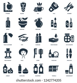 Elements Such As Deodorant, Towels, Shampoo, Skincare, Cream, Lipstick, Moisturizer, Comb, Mouthwash, Spray, Tea, Razor icon vector illustration on white background. Universal 25 icons set.