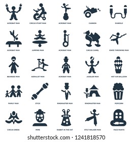 Elements Such As Diabolo, Stilt walker man, Knife Throwing Mime, Circus Dress, Popcorn, Aerialist man icon vector illustration on white background. Universal 25 icons set.