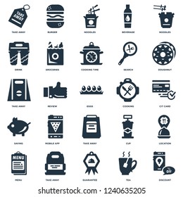 Elements Such As Discount, Tea, Guarantee, Take away, Menu, Doughnut, Cooking, Saving, Drink, Noodles, Burger icon vector illustration on white background. Universal 25 icons set.