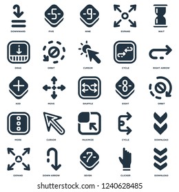 Elements Such As Download, Clicker, Seven, Down arrow, Expand, Right Eight, Maximize, More, Drag, Nine, Five icon vector illustration on white background. Universal 25 icons set.