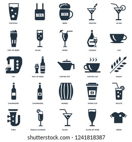 Elements Such As Dress, Glass of wine, Glass, Tequila sunrise, Tuba, Cup, Coffee cup, Barrel, Champagne, Pint beer, Beer, icon vector illustration on white background. Universal 25 icons set.