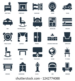 Elements Such As Dresser, Armchair, Shelves, Fireplace, Rocking chair, Globe, Table clock icon vector illustration on white background. Universal 25 icons set.