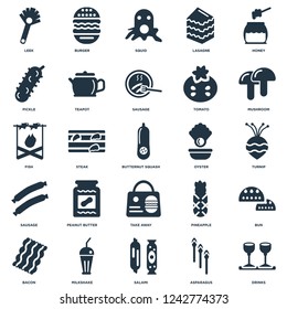 Elements Such As Drinks, Asparagus, Salami, Milkshake, Bacon, Mushroom, Oyster, Take away, Sausage, Pickle, Squid, Burger icon vector illustration on white background. Universal 25 icons set.