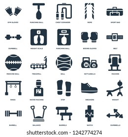 Elements Such As Dumbbells, Machine, Belt, Punching ball, Barbell, Weight scale, Sneakers, Medicine ball icon vector illustration on white background. Universal 25 icons set.