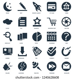 Elements Such As Envelope, Forward, Push pin, Lightning, Volume, Shutter, Calendar, Tag, Screen, Cloud, Rocket launch, Edit icon vector illustration on white background. Universal 25 icons set.