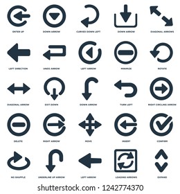 Elements Such As Expand, Right Circling Arrow, Rotate, Down arrow, No Shuffle, Undo Insert, Diagonal arrow icon vector illustration on white background. Universal 25 icons set.