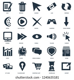 Elements Such As Export, Cursor, Down arrow, Remove, Cit card, Play button, Shield, Screen icon vector illustration on white background. Universal 25 icons set.