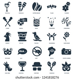 Elements Such As Eye mask, Sunflower, Fireworks, Maracas, High heel, Brazil, Parrot icon vector illustration on white background. Universal 25 icons set.
