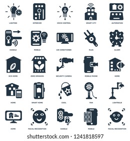 Elements Such As Facial recognition, Home, Alarm, Intercom, Mobile, Fan, Eco home icon vector illustration on white background. Universal 25 icons set.