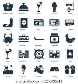 Elements Such As Flip flops, Shorts, Coconut, Ice cream, Island, Caravan, Sun Helm, Drink, Rubber, Cocktail, Hotel bell icon vector illustration on white background. Universal 25 icons set.