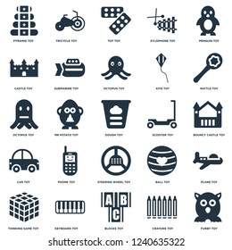 Elements Such As Furby toy, Bouncy castle Rattle Tricycle Thinking game Submarine Ball Octopus toy icon vector illustration on white background. Universal 25 icons set.