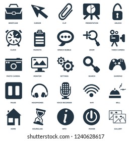 Elements Such As Gallery, Power, Info, Hourglass, Home, Video camera, Search, Voice recorder, Pause, Clock, Clip, Cursor icon vector illustration on white background. Universal 25 icons set.