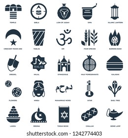 Elements Such As Genie Lamp, Kalasha, Burning Bush, Qibla, Laddu, Tablas, Sitar, Dreidel icon vector illustration on white background. Universal 25 icons set.