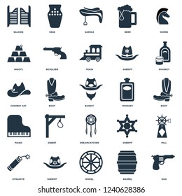 Elements Such As Gun, Barrel, Wheel, Sheriff, Dynamite, Whiskey, Dreamcatcher, Piano, Ingots, Saddle, Vase icon vector illustration on white background. Universal 25 icons set.