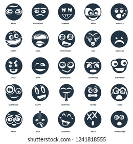 Elements Such As Hypnotized, Dead, Laughing, Sick, Nerd, Shocked, Surprised, Vomiting, Happy, Vampire, Eyebrows icon vector illustration on white background. Universal 25 icons set.