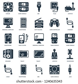 Elements Such As Jack, Game console, Ethernet, Cable, Smartphone, Joystick, Smartphone icon vector illustration on white background. Universal 25 icons set.