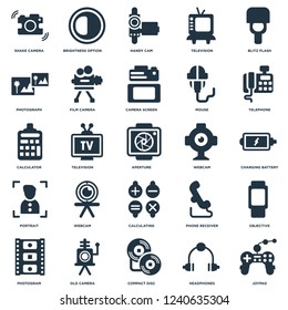 Elements Such As Joypad, Charging Battery, Telephone, Brightness Option, Photogram, Film Camera, Phone Receiver, Calculator icon vector illustration on white background. Universal 25 icons set.