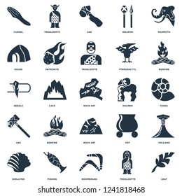 Elements Such As Leaf, Troglodyte, Boomerang, Fishing, Shellfish, Bonfire, Dolmen, Rock art, Axe, House, Troglodyte icon vector illustration on white background. Universal 25 icons set.