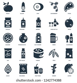 Elements Such As Lemon, Ginger, Fast food, Macaroni, Onion, Apple, Drink, Cheese, Jam, Pickles, Kiwi, Salami icon vector illustration on white background. Universal 25 icons set.