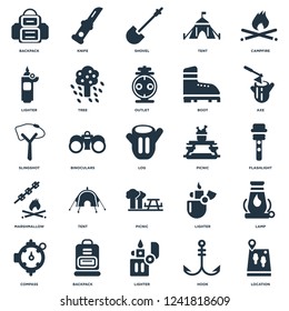Elements Such As Location, Hook, Lighter, Backpack, Compass, Axe, Picnic, Marshmallow, Shovel, Knife icon vector illustration on white background. Universal 25 icons set.