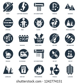 Elements Such As Luggage, No shouting, Road Collapse, Lightning Warning, Landslide, Man, cut, Drinks icon vector illustration on white background. Universal 25 icons set.